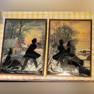 Vintage Pair Reverse Silhouette Convex Bubble Glass Painted Wall